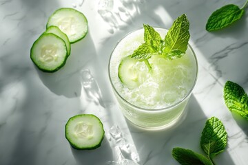 Refreshing cucumber mint drink in a glass, garnished with fresh mint and cucumber slices.