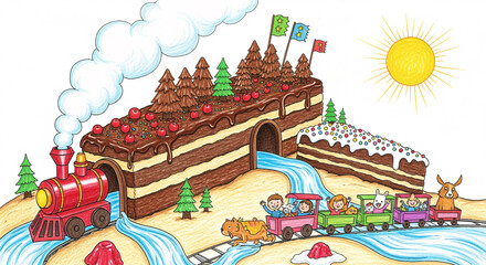 Whimsical Sweet Train Ride Through a Cake Landscape Illustration with Happy Animal Passengers