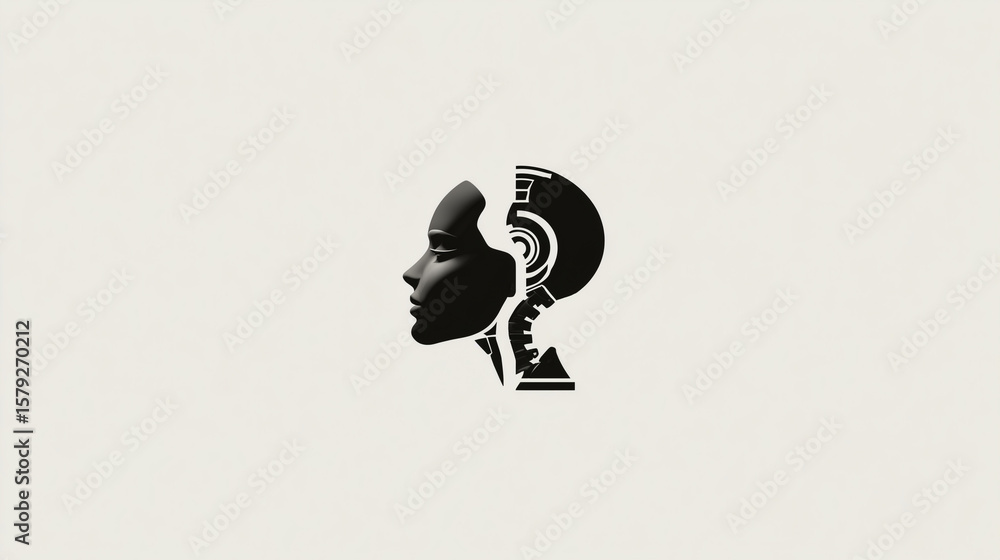 Poster a minimalist side profile depicts a human head seamlessly merging with intricate robotic components,