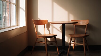 A quiet corner of a minimalist coffee shop with two wooden chairs and a small round table
