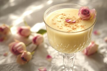 Creamy, spiced beverage garnished with a rose, perfect for a romantic occasion.