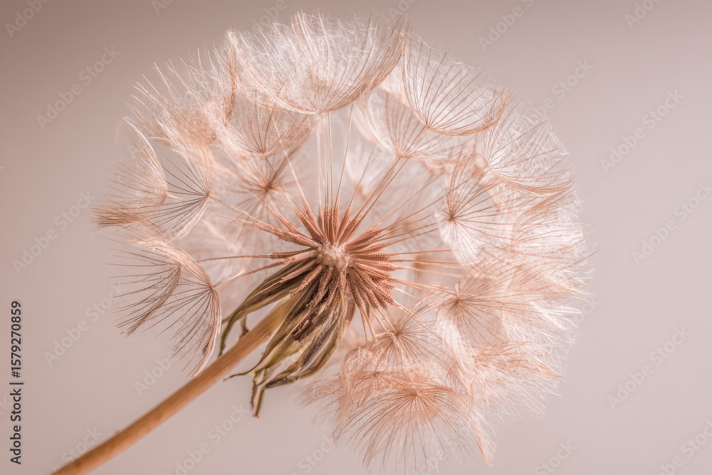 Poster delicate dandelion seed head closeup soft beige background missing some seeds nature conceptual frag