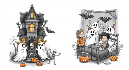 Halloween Fun: Children with Ghosts and Skeletons in a Spooky Cartoon Illustration
