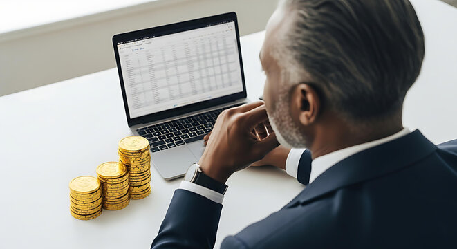 Business strategy is apparent as a manager examines data with gold coins depicting financial growth and success.