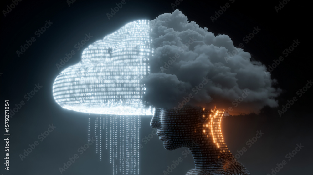 Poster a human head with one half as a realistic cloud and the other half as a digital, glowing network clo