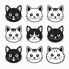 cute cat face vector set with various expressions, minimalist feline portraits collection for logos, stickers, branding