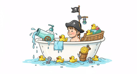 Fototapeta premium Cartoon Pirate Adventure: Child in Bathtub with Rubber Ducks and Playful Props.