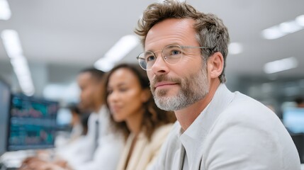 Obraz premium Focused Professional Man in Modern Office Environment with Colleagues in Background