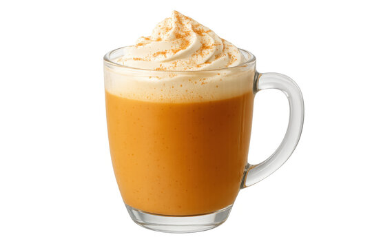 Steaming pumpkin spice latte crowned with fluffy whipped cream, dusted with cinnamon powder on clean background