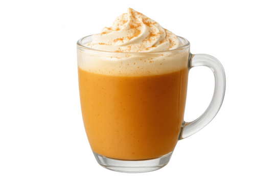 Steaming pumpkin spice latte crowned with fluffy whipped cream, dusted with cinnamon powder on clean background - Powered by Adobe