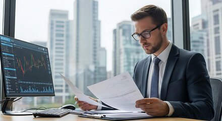Business professional in suit analyzes charts, documents in modern office setting with financial data on computer screen.