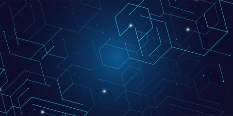 Obraz premium Concentric Hexagons Digital Tech Circuit Pattern. Technology Background of Lines and Dot Connections. Abstract Hexagon Big Data Transmission Internet Network. Vector Illustration.