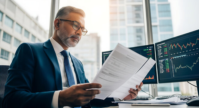 Thoughtful mature businessman analyzes financial data in his office, with stock market charts displayed on monitors. - Powered by Adobe