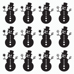 festive snowman silhouettes grid vector for holiday and winter designs with top hat, star, and snowflake elements