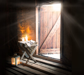 Manger in the barn. Christmas background