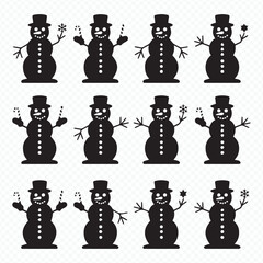 playful snowman winter vector silhouette set featuring tophat, star and snowflake for festive season design