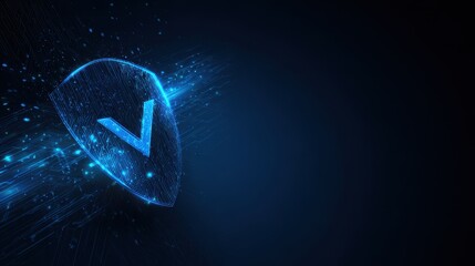 Vibrant photo of blue background features glowing shield with checkmark, symbolizing security and protection in digital environment. design conveys sense of trust and safety.