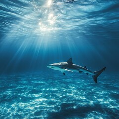 Light beams shine down on graceful swimming shark high resolution picture