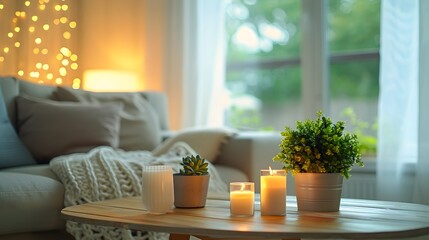 modern living room, cozy with plants, bokeh lights, sofa and blanket, HD Wallpaper background