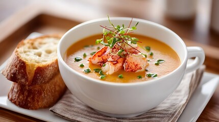 Creamy Lobster Soup Served in Elegant Bowl with Fresh Garnish and Artisan Bread on Wooden Tray