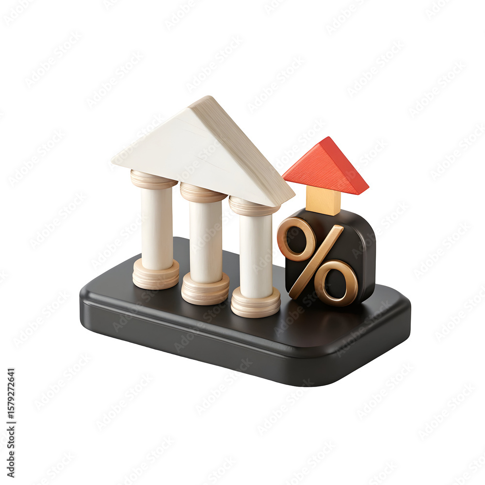Poster bank building with percentage symbol and arrow isolated on a transparent background
