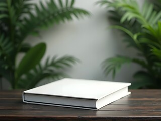 Contemporary Book Showcase: Neutral Cover on Textured Wood with Greenery Accent
