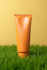 Clean Cosmetic Shot: Warm-Hued Tube on Well-Defined Grass Texture
