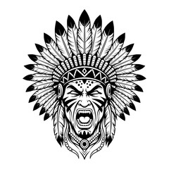 Obraz premium A detailed, monochromatic illustration of a Native American Indian chief's head with a majestic feather headdress, an angry or roaring facial expression, and tribal face paint. 