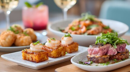 Exquisite gourmet dishes elegantly presented on a dining table in a modern restaurant setting