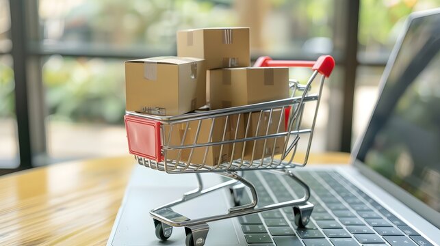 Mail cardboard boxes inside a miniature mini shopping cart on a laptop, e commerce, online shopping, buy online, sale, HD Background wallpaper