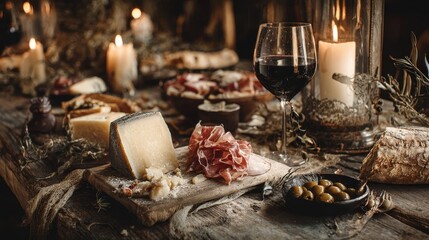 A rustic table set with artisan cheeses, prosciutto, olives, and a glass of red wine, surrounded by soft candlelight and wooden textures