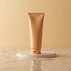 Clean Cosmetic Packaging: Warm-Hued Plastic Tube on Reflective Platform