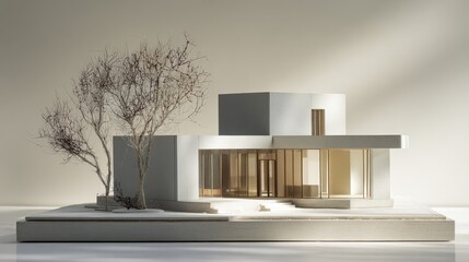 A scale model of a minimalist home featuring clean lines, cubic shapes, and light gray tones with subtle shadows