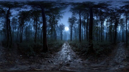 High-quality photo of 360 degree, dark forest path illuminated by the moon, with ghostly apparitions floating. HDRI spherical panorama.