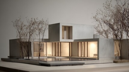 A scale model of a minimalist home featuring clean lines, cubic shapes, and light gray tones with subtle shadows