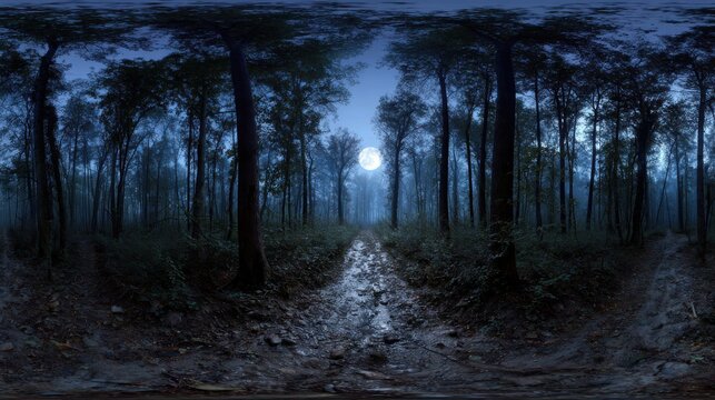 High-quality photo of 360 degree, dark forest path illuminated by the moon, with ghostly apparitions floating. HDRI spherical panorama.