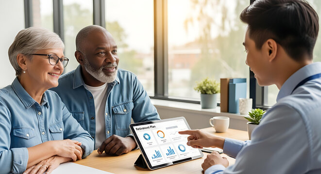 Mature couple reviews financial data with advisor, using a tablet at an office with a bright window in the background.