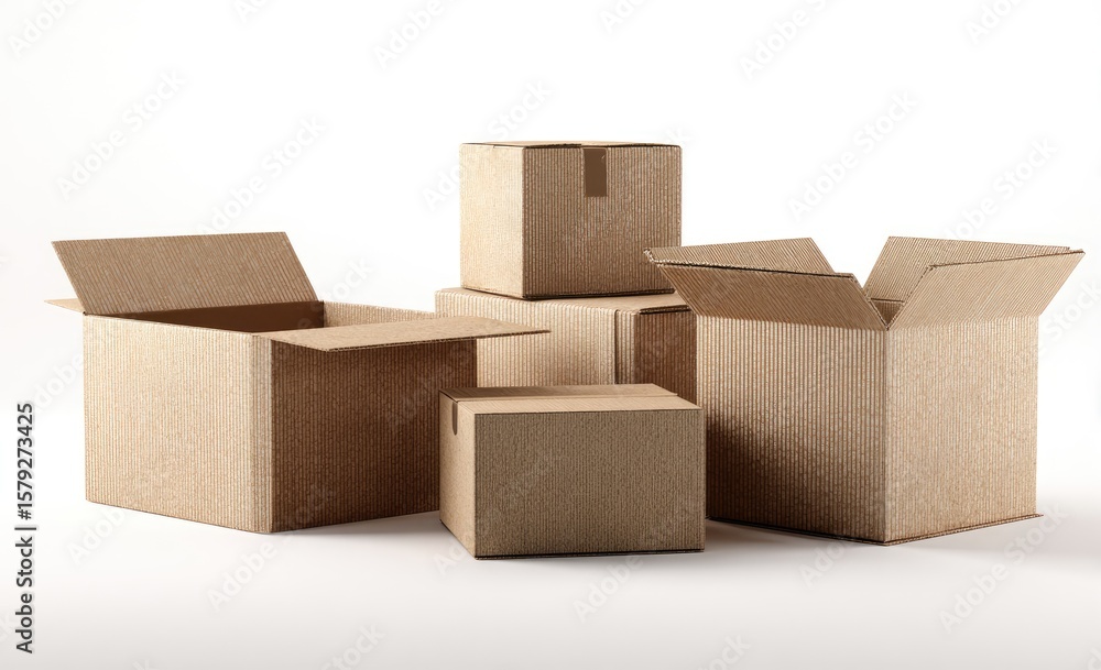 Poster five open and closed cardboard boxes of varying sizes sit on a white background
