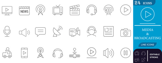 Minimal line icons for media and broadcasting, including mic, camera, TV, play, satellite, and news symbols. Perfect for apps, websites, and creative projects.