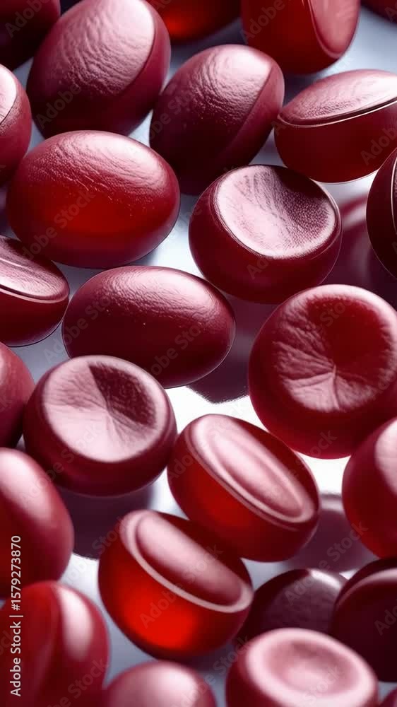 Poster microscopic view of numerous red blood cells floating, showing round shape and biconcave indentation