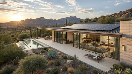 Fototapeta premium Luxury Desert Villa in Arizona with Solar Panels – Sustainable Architecture Illustration