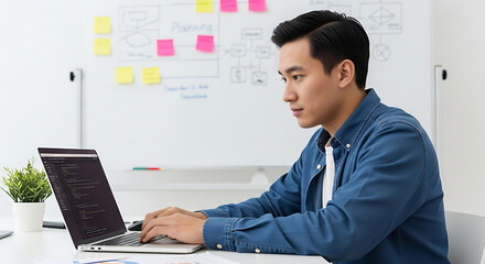 Asian man works on a laptop, showcasing coding and planning in a modern office environment, embodying concentration and productivity.