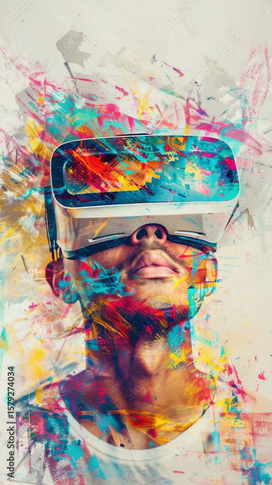 Poster a man in a modern, digital art setting. he is wearing vr goggles and has an avatar-like appearance w