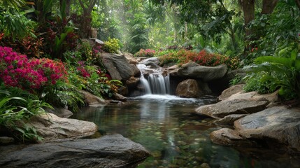 A serene jungle waterfall flowing gently over smooth stones into a tranquil lagoon, surrounded by thick vegetation and colorful flowers