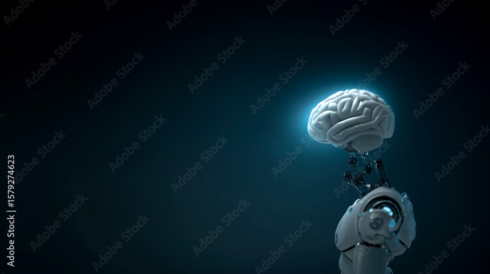 Poster robotic arm holding a glowing brain symbolizing artificial intelligence and cognitive enhancement: f