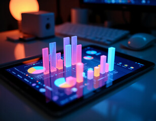 Professional Tablet Showcasing Vibrant 3D Bar Charts, Detailed Pie Graphs, and Comprehensive Data Visualizations for In-Depth Business Analysis and Reporting