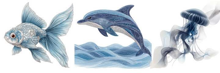 Artistic sea creatures in intricate line and wave patterns, including a fish, dolphin, and jellyfish in blue tones