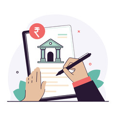Person signing a document with a bank building and indian rupee symbol representing financial transactions and agreements
