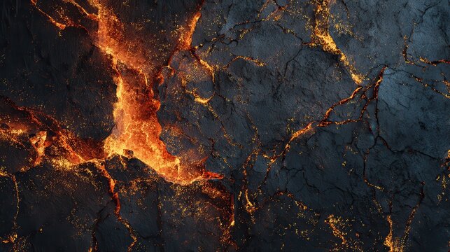 Vibrant photo of dark stone texture featuring glowing cracks and veins of molten fire, set against a lava background. Black rock surface with an orange glow on a dark grunge.