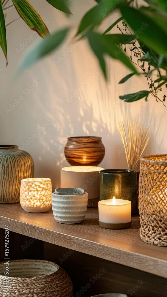 Poster a shelf with many vases and candles. the candles are lit and the vases are of different shapes and s
